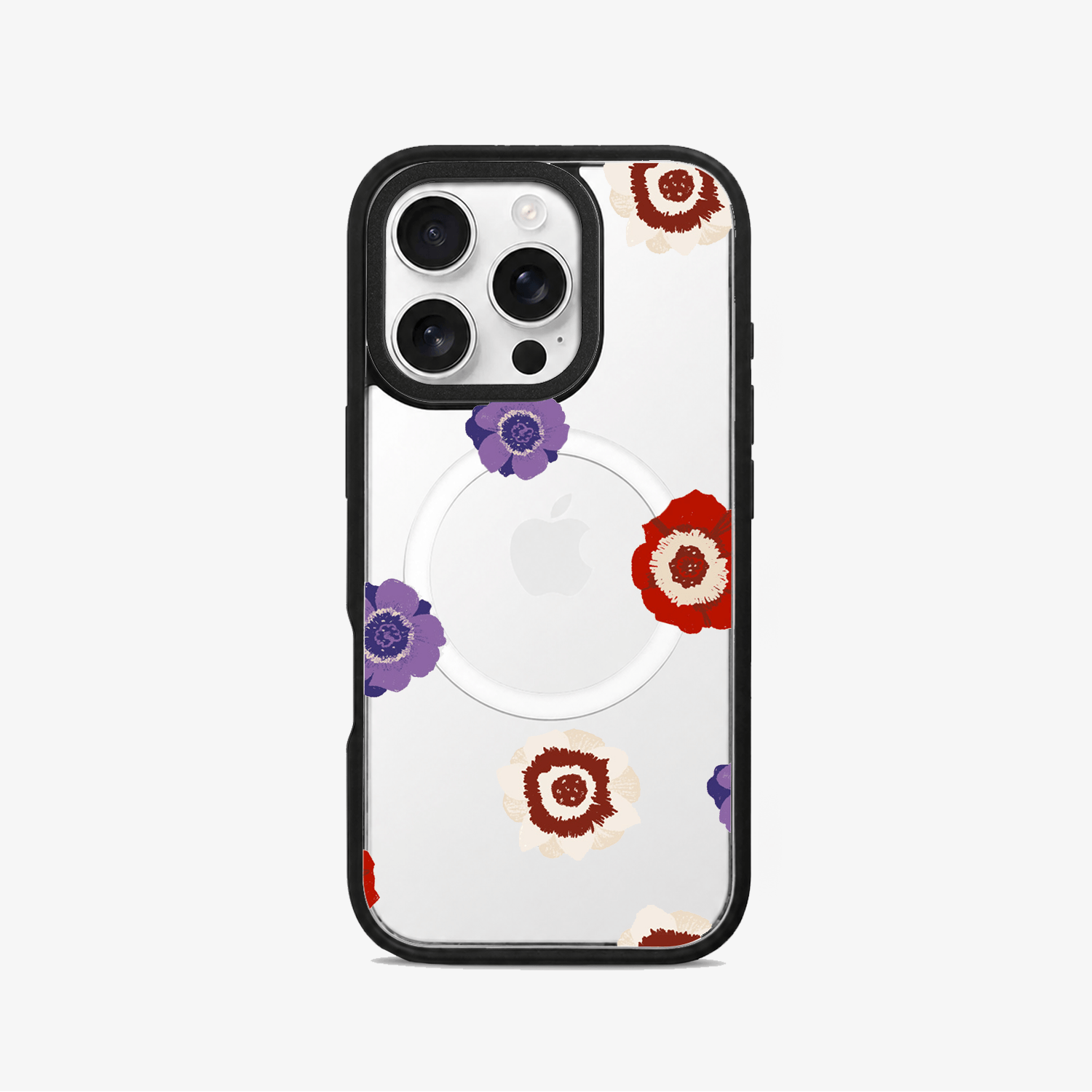FLORES MORADAS Y ROJAS CASE <b>Intercambiable</b> - Case iPhone Antishock Intercambiable MagSafe + Placa Flores moradas y rojas - Imagen 1