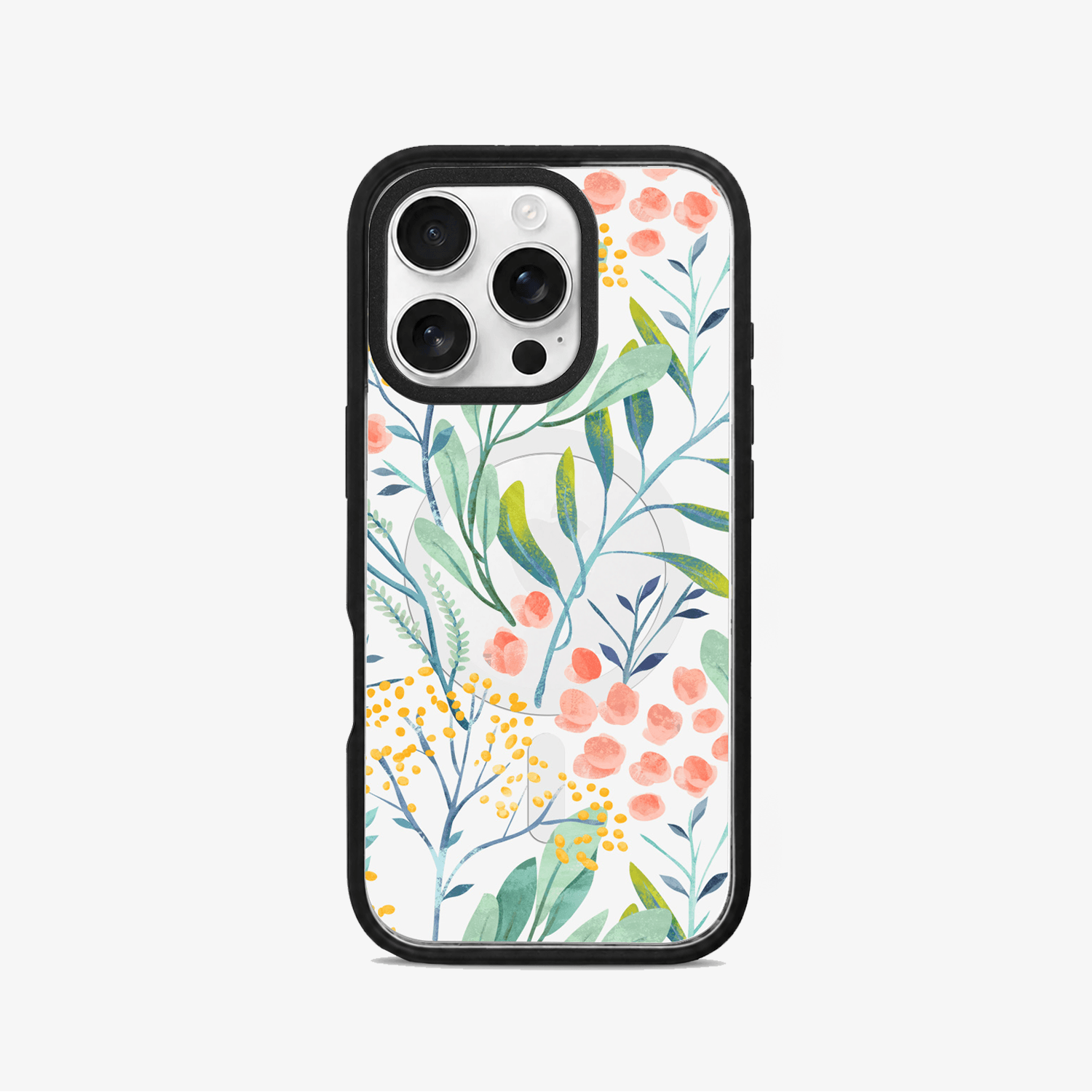 HOJAS Y FLORES CORA CASE <b>Intercambiable</b> - Case iPhone Antishock Intercambiable MagSafe + Placa Hojas y flores coral - Imagen 1
